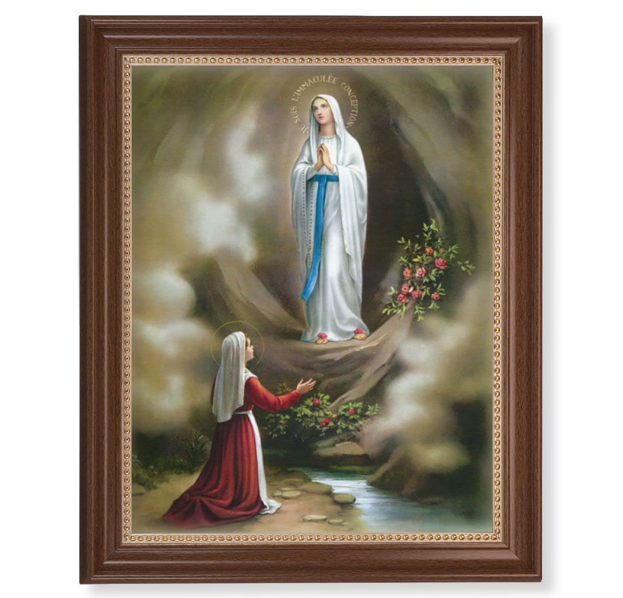 Our Lady of Lourdes Picture, 13-1/2"x16-9/16 Walnut Finish Frame with Gold Beaded Lip, Textured Italian Print # 22332