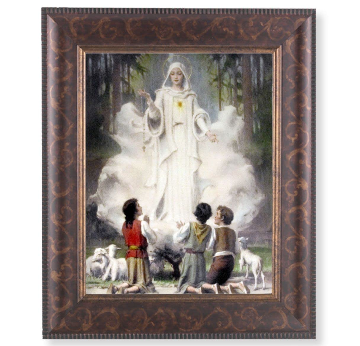 Our Lady of Fatima Picture, 11-1/4"x13-1/4, Antique Gold & Espresso Frame, Italian Print Under Glass # 25908