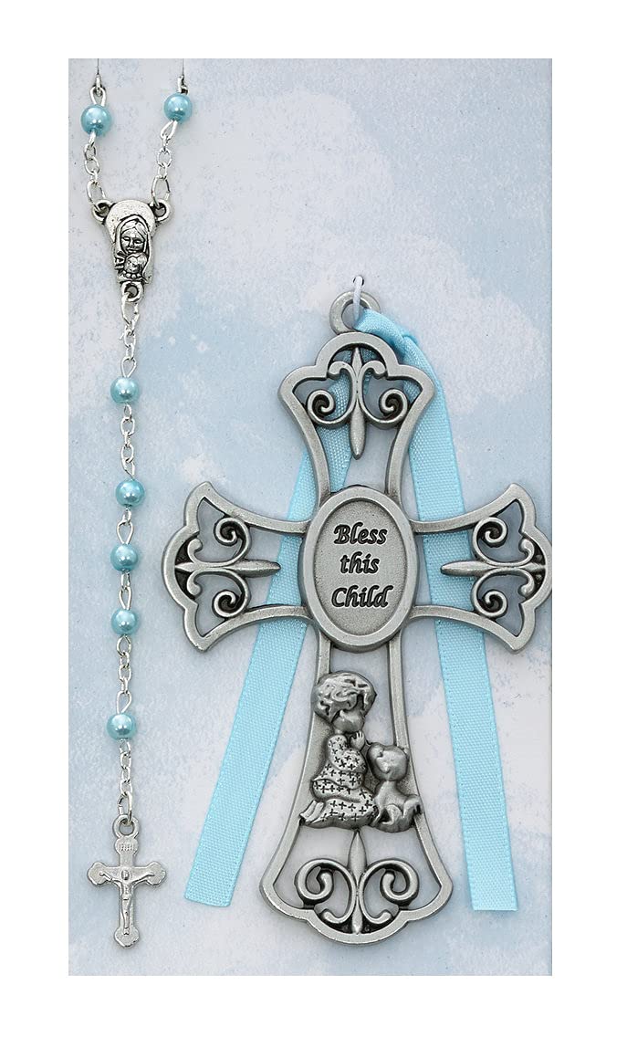 Praying Baby Boy Bless This Child Cross & Rosary Set, 3-3/4" Cross with 3mm Beads # 21567