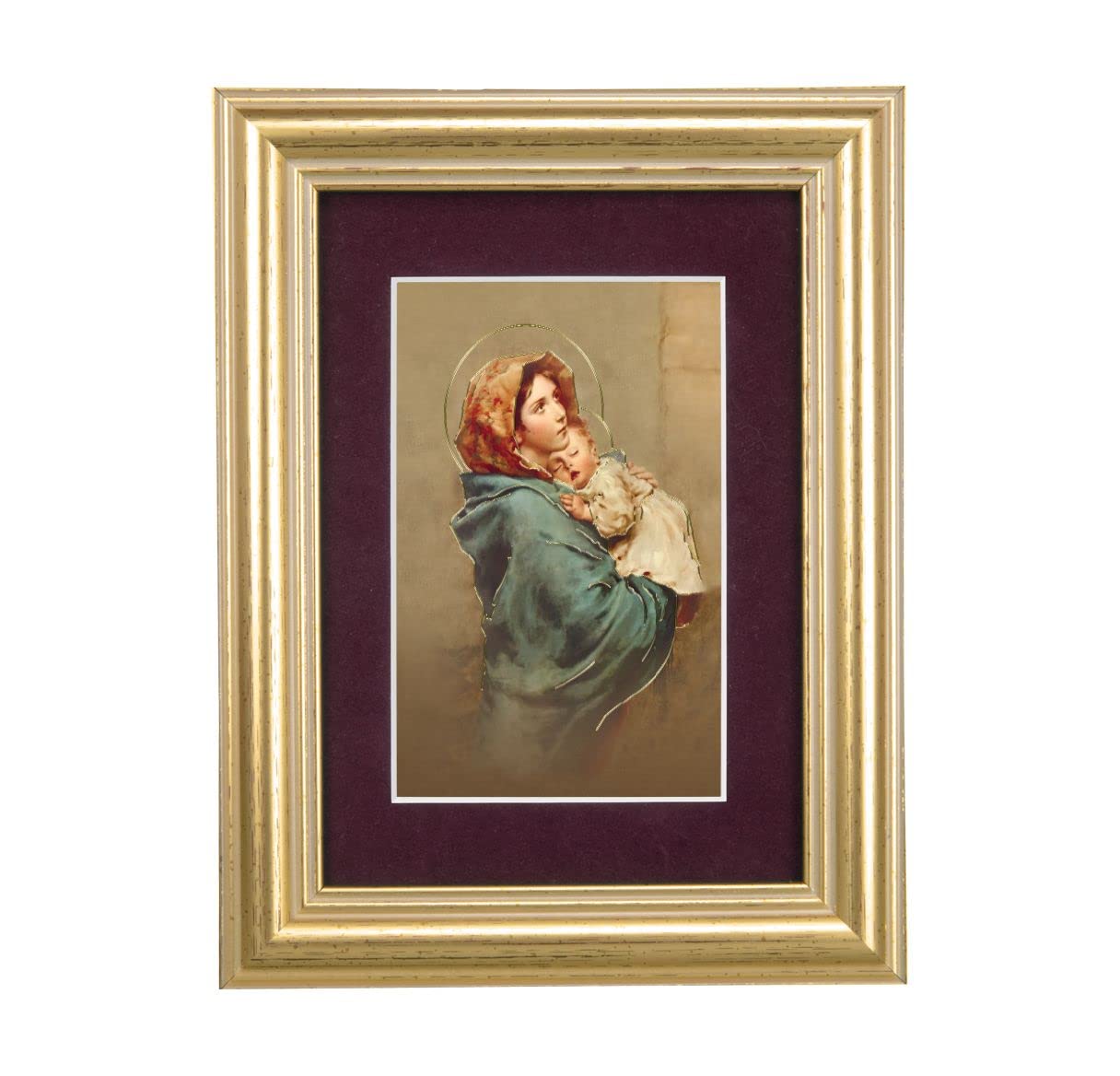 Madonna of The Street Picture, 5"x6.5" Antique Gold Fluted Frame, Behind Maroon Velvet Matting # 28302