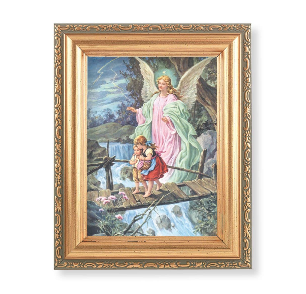 Antique Gold Frame, 5.75"x7.25" overall, Under Glass, Guardian Angel, # 1251