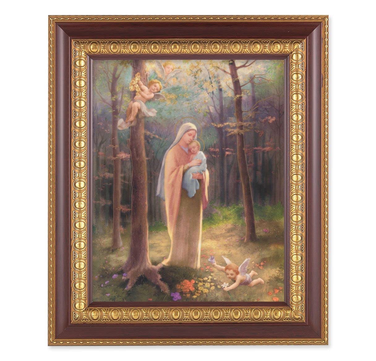 Madonna of The Woods, 11-1/2"x13-1/2, Cherry Finish with Gold Egg & Dart Frame, Italian Print Under Glass # 26046