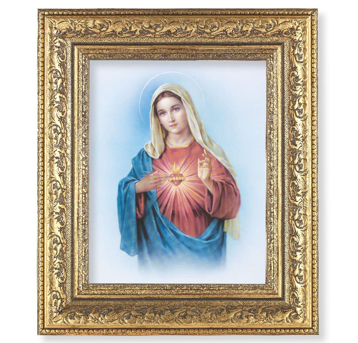 Immaculate Heart of Mary Picture, 12-1/2"x14-1/2, Antique Gold Leaf Carvings Ornate Frame, Italian Print Under Glass # 25461