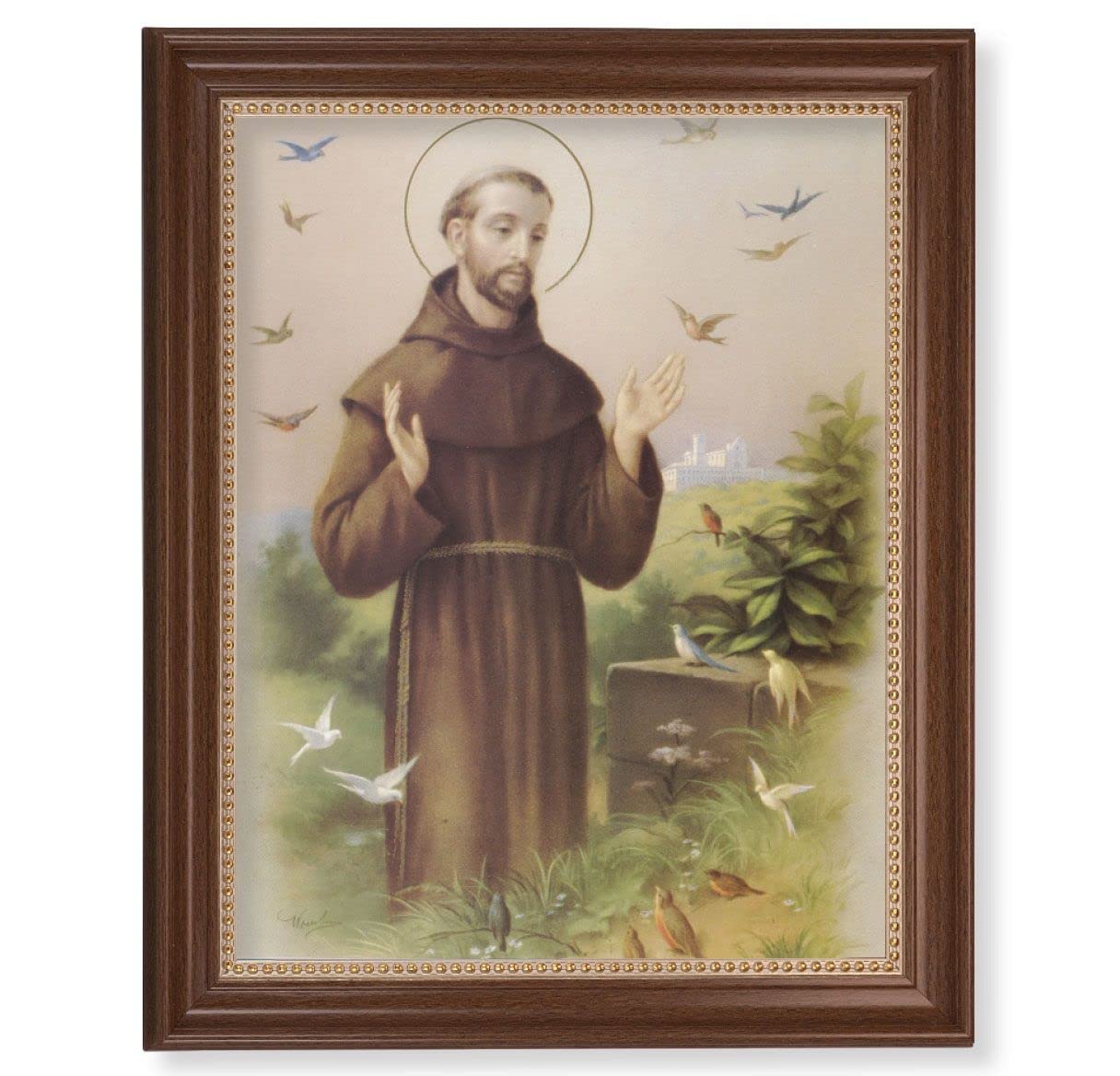 Saint Francis Picture, 13-1/2"x16-9/16 Walnut Finish Frame with Gold Beaded Lip, Textured Italian Print # 22345