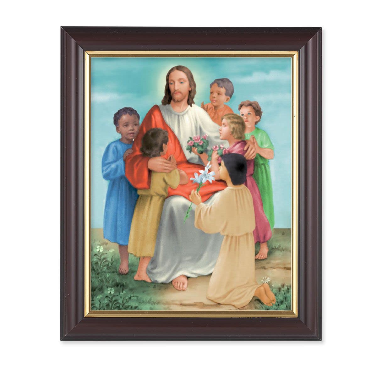Jesus with Children, 10"x12", Classic Fluted Walnut Finished Frame, Italian Print Under Glass # 26330