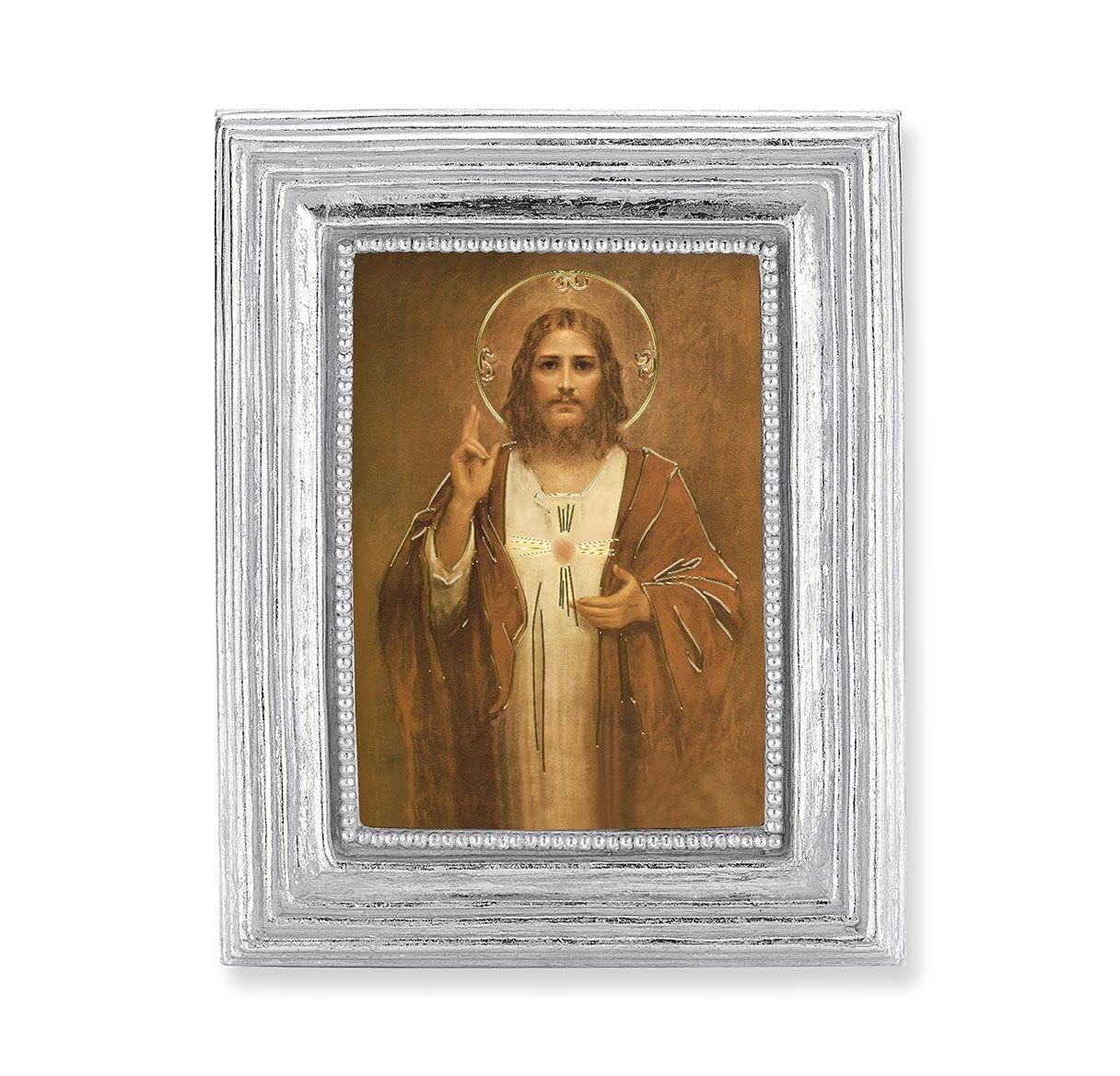 Sacred Heart Picture, Silver Finish 3-7/8"x4-3/4 Frame, Exclusive Gold Stamped Print Under Glass # 28361