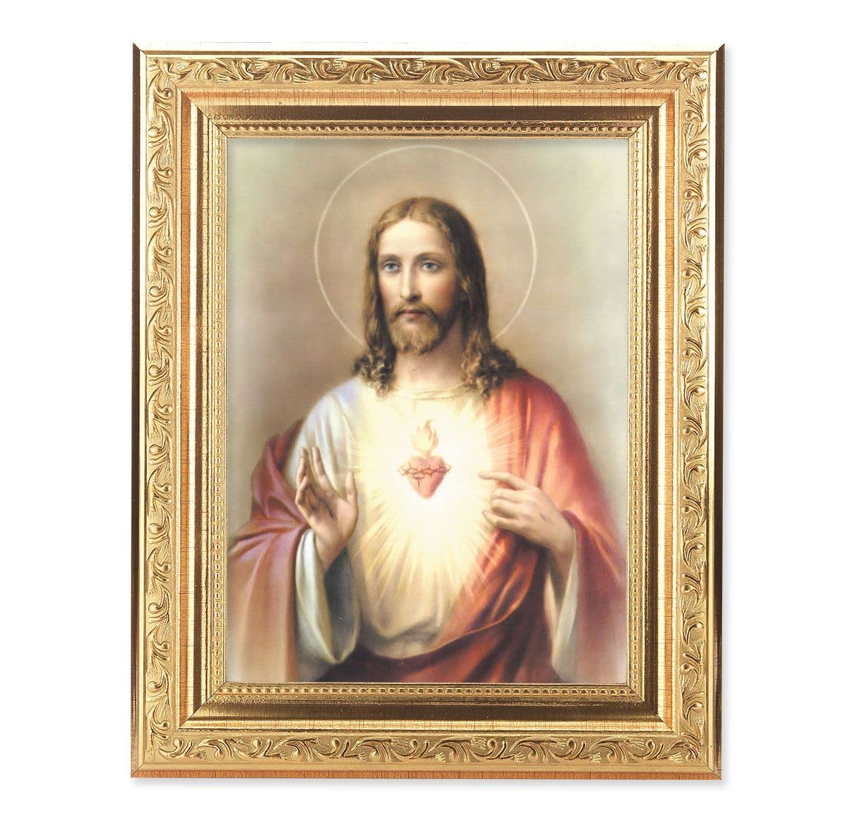 Sacred Heart of Jesus Picture, 8-1/4"x10-1/4 Gold-Leaf Finish Acanthus Leaf Detail Under Glass # 27669