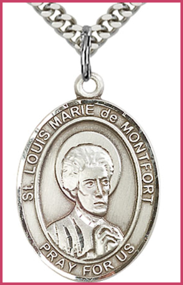 1"x3/4" Sterling Silver St. Louis Marie de Montfort Medal, Your Choice of Chain, # 54205
