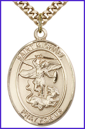 Solid 14kt Gold Medal, 1"x3/4", St. Michael the Archangel, Free Chain, # 54323