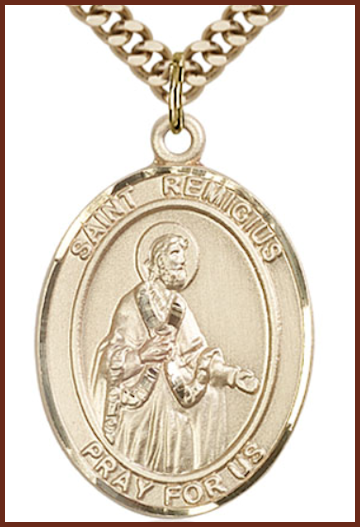 Solid 18kt Gold Medal, 1"x3/4", St. Remigius of Reims, Free Chain, # 54438