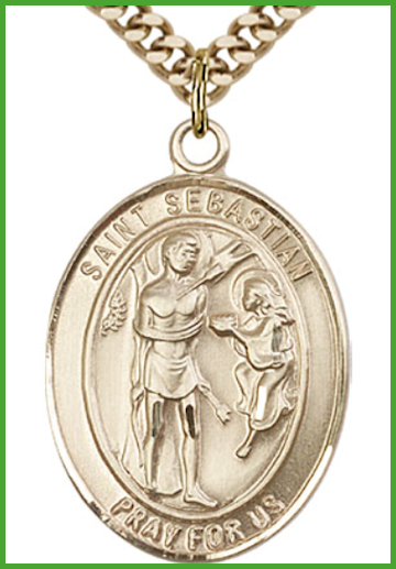 Solid 14kt Gold Medal, 1"x3/4", St. Sebastian, Free Chain, # 54488