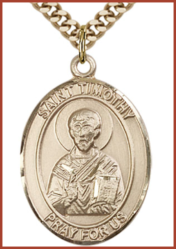 Solid 18kt Gold Medal, 1"x3/4", St. Timothy, Free Chain, # 54550