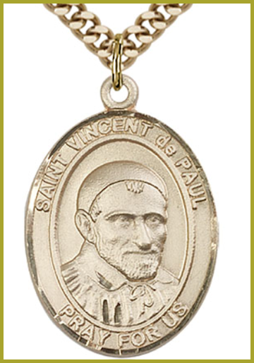 Solid 18kt Gold Medal, 1"x3/4", St. Vincent de Paul, Free Chain, # 54569