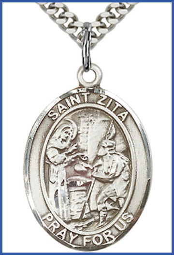 Sterling Silver Medal, 1"x3/4", St. Zita, Your Choice of Chain, # 54589