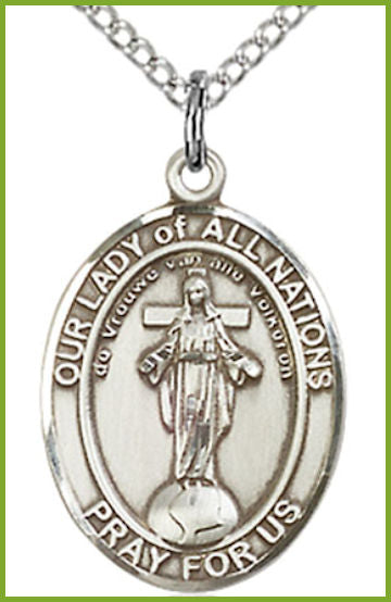 Sterling Silver Medal, 3/4"x9/16", Our Lady of All Nations, Your Choice of Chain, # 54694