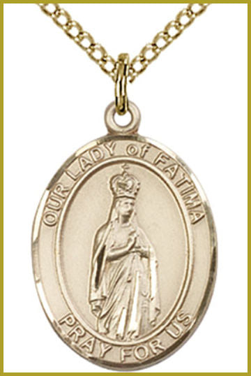 Solid 14kt Gold Medal, 3/4"x9/16", Our Lady of Fatima, Free Chain, # 54703