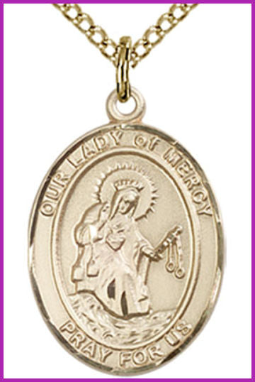 Solid 18kt Gold Medal, 3/4"x9/16", Our Lady of Mercy, Free Chain, # 54729