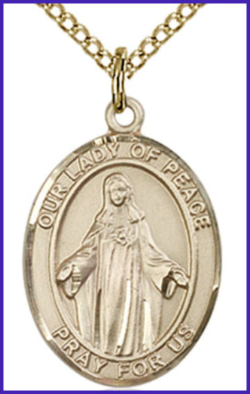 Solid 14kt Gold Medal, 3/4"x9/16", Our Lady of Peace, Free Chain, # 54735