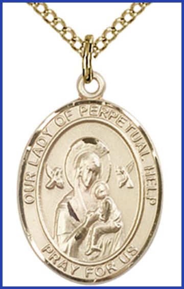 Solid 18kt Gold Medal, 3/4"x9/16", Our Lady of Perpetual Help, Free Chain, # 54739