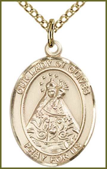 Solid 14kt Gold Medal, 3/4"x9/16", Our Lady of Olives, Free Chain, # 54761