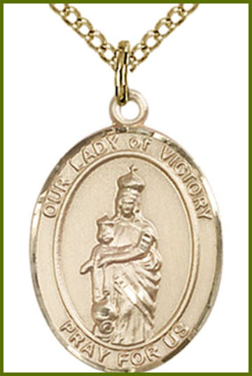 Solid 14kt Gold Medal, 3/4"x9/16", Our Lady of Victory, Free Chain, # 54769