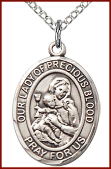 Sterling Silver Medal, 3/4"x9/16", Our Lady of the Precious Blood, Your Choice of Chain, # 54783