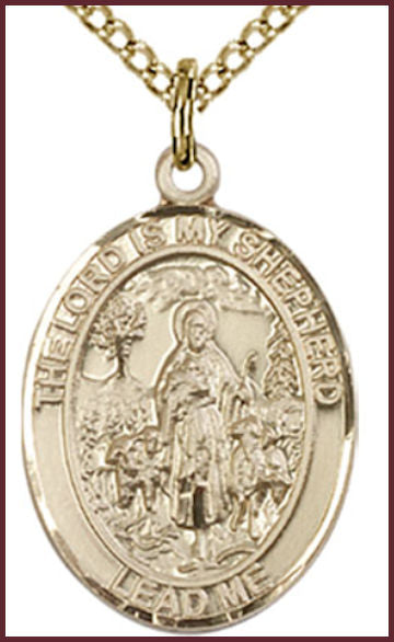 Solid 18kt Gold Medal, 3/4"x9/16", Lord is My Shepherd, Free Chain, # 54795