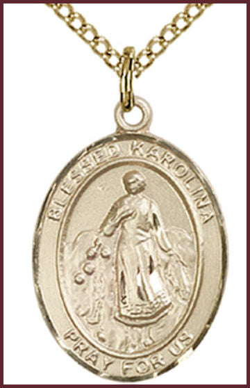 Solid 14kt Gold Medal, 3/4"x9/16", Blessed Karolina Kozkowna, Free Chain, # 54798