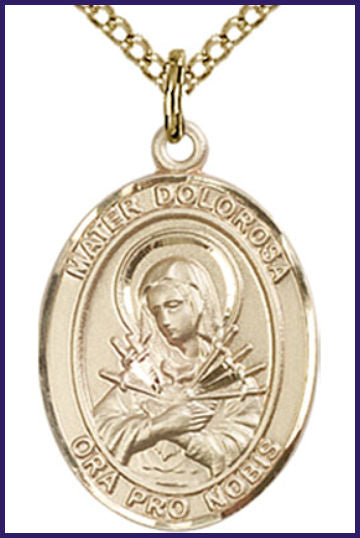 Solid 14kt Gold Medal, 3/4"x9/16", Mater Dolorosa, Free Chain, # 54811