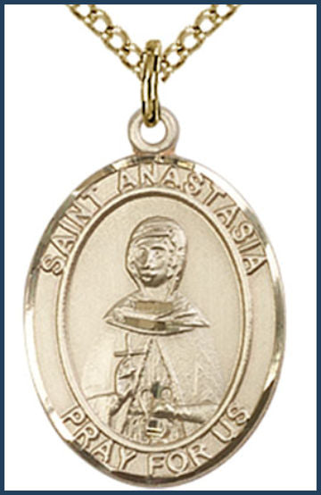 Solid 18kt Gold Medal, 3/4"x9/16", St. Anastasia, Free Chain, # 54850