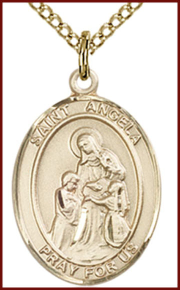 Solid 14kt Gold Medal, 3/4"x9/16", St. Angela Merici, Free Chain, # 54855