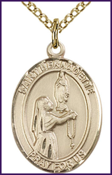 Solid 18kt Gold Medal, 3/4"x9/16", St. Bernadette, Free Chain, # 54925
