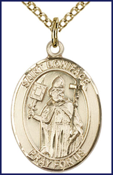 Solid 18kt Gold Medal, 3/4"x9/16", St. Boniface, Free Chain, # 54943