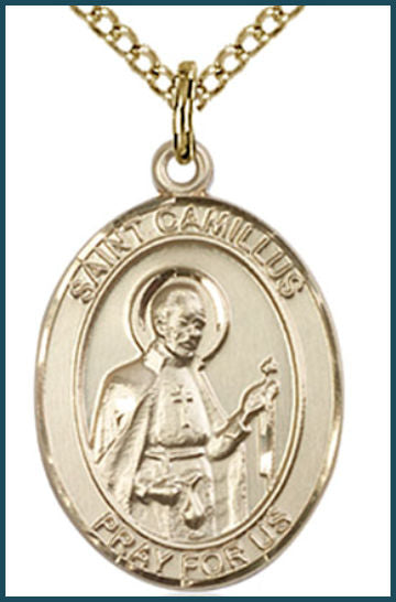 Solid 18kt Gold Medal, 3/4"x9/16", St. Camillus of Lellis, Free Chain, # 54960