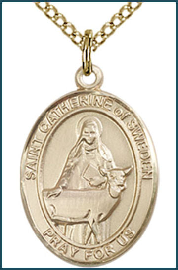 Solid 14kt Gold Medal, 3/4"x9/16", St. Catherine of Sweden, Free Chain, # 54975