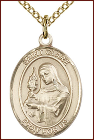 Solid 14kt Gold Medal, 3/4"x9/16", St. Clare of Assisi, Free Chain, # 54993