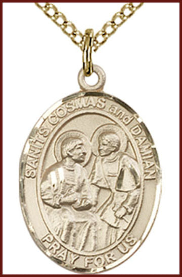 Solid 14kt Gold Medal, 3/4"x9/16", Sts. Cosmas & Damian, Free Chain, # 55015