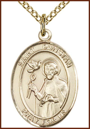 Solid 18kt Gold Medal, 3/4"x9/16", St. Dunstan, Free Chain, # 55080