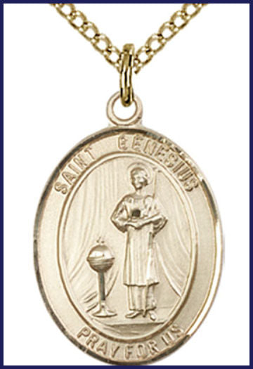 Solid 18kt Gold Medal, 3/4"x9/16", St. Genesius of Rome, Free Chain, # 55129