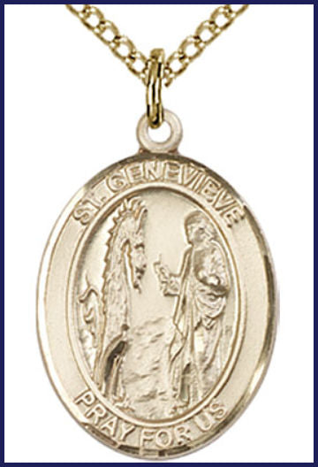 14kt Gold Filled Medal, 3/4"x9/16", St. Genevieve, Your choice of chain, # 55130