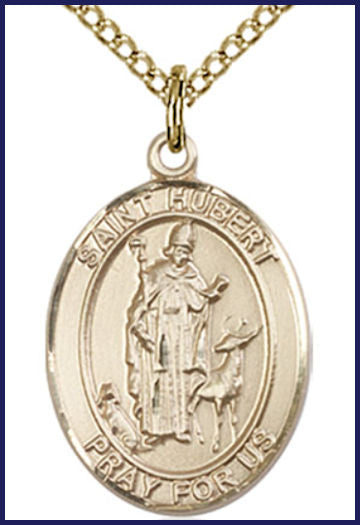 Solid 18kt Gold Medal, 3/4"x9/16", St. Hubert of Liege, Free Chain, # 55177
