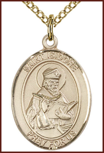 Solid 18kt Gold Medal, 3/4"x9/16", St. Isidore of Seville, Free Chain, # 55189