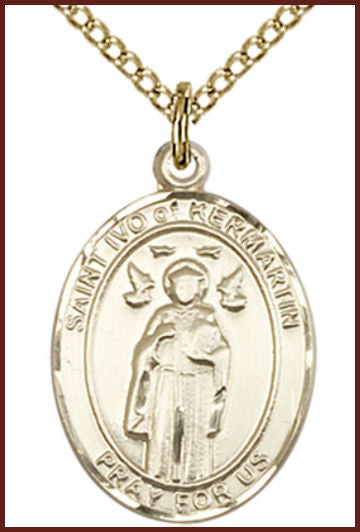 Solid 14kt Gold Medal, 3/4"x9/16", St. Ivo of Kermartin, Free Chain, # 55194
