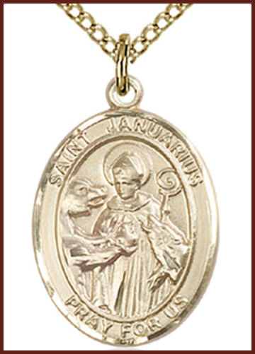 Solid 18kt Gold Medal, 3/4"x9/16", St. Januarius, Free Chain, # 55303