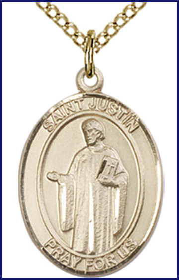 14kt Gold Filled Medal, 3/4"x9/16", St. Justin, Your choice of chain, # 55373