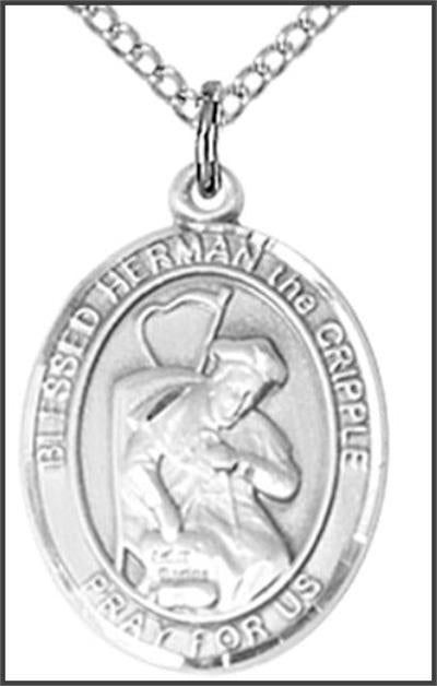 Sterling Silver Medal, 3/4"x9/16", Blessed Herman the Cripple, Your Choice of Chain, # 55378