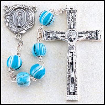 8mm Stripe Painted Wood Rosary, Aqua, # 55536