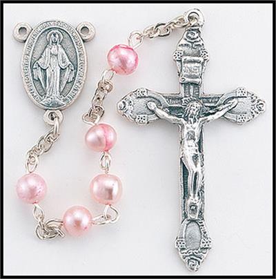 5mm Faux Pearl Glass Rosary, Pink, # 55540