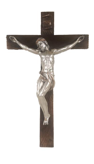 Beautiful 17" Crucifix, Resin, Bronzed Cross w/ Pewter Finish Figure, # 56