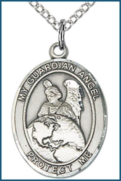 Sterling Silver Medal, 3/4"x9/16", Guardian Angel Protector, Your Choice of Chain, # 56782